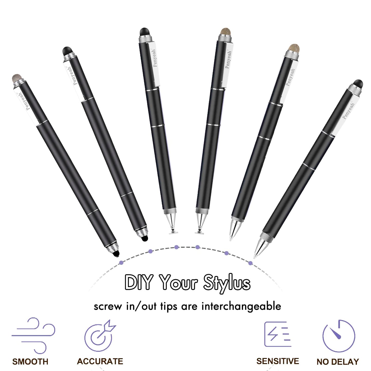 Penyeah Stylus Pen, 4 in 1 Stylus Pen for Touch Screens Everyday Use -Black