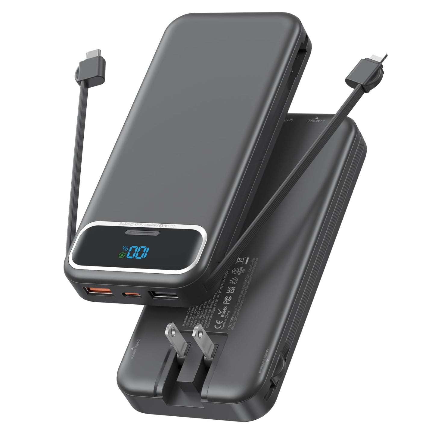 Nusyddy Portable Charger 12000mAh Fast Charging w/Built-in Wall Plug Black