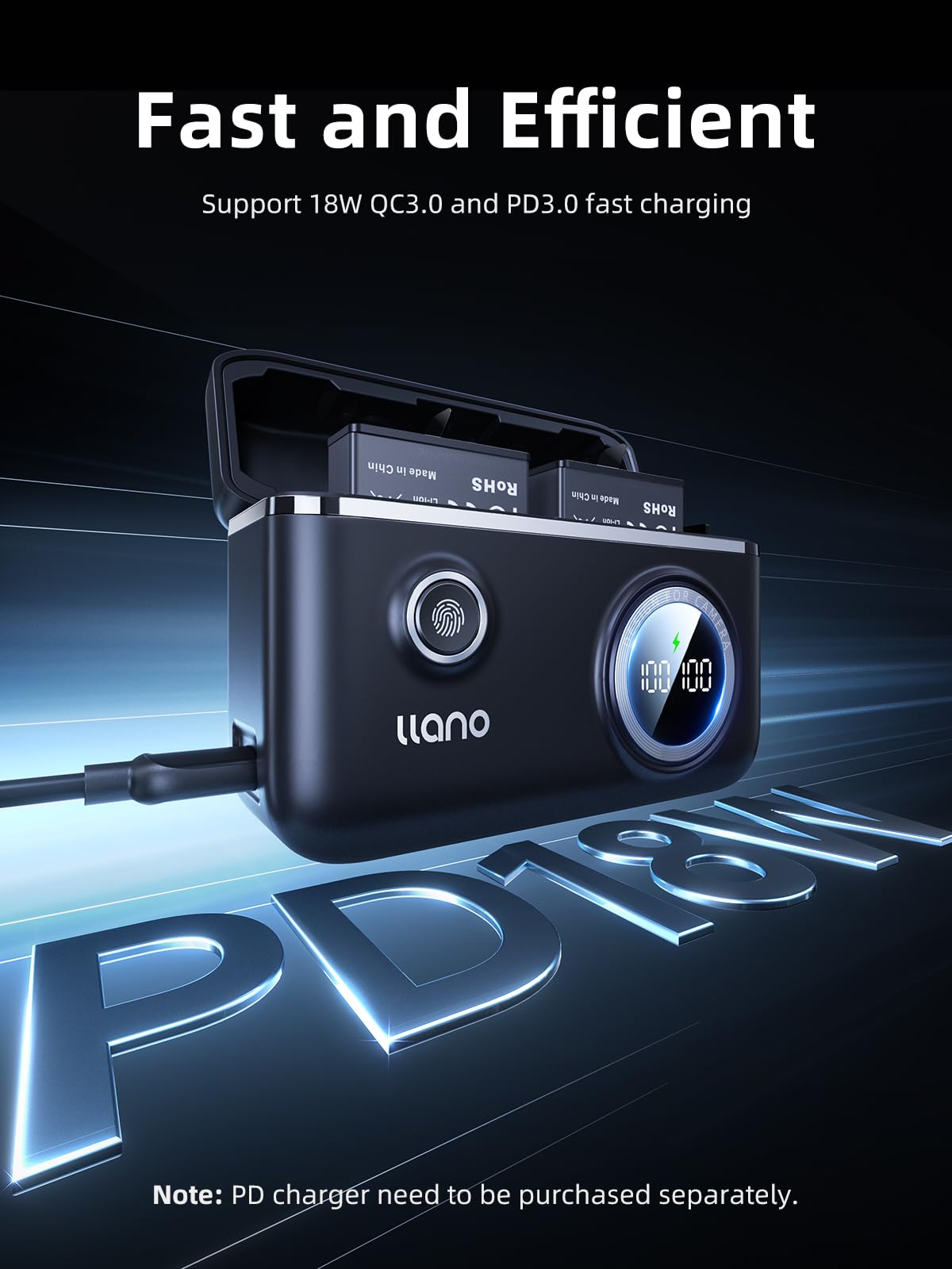 llano 18W Fast Dual Camera Battery Charger for DJI Osmo 360, Action 5 Pro, Action 4 and 3 Action Camera, Smart Digital Display, Magnetic Snap Cover