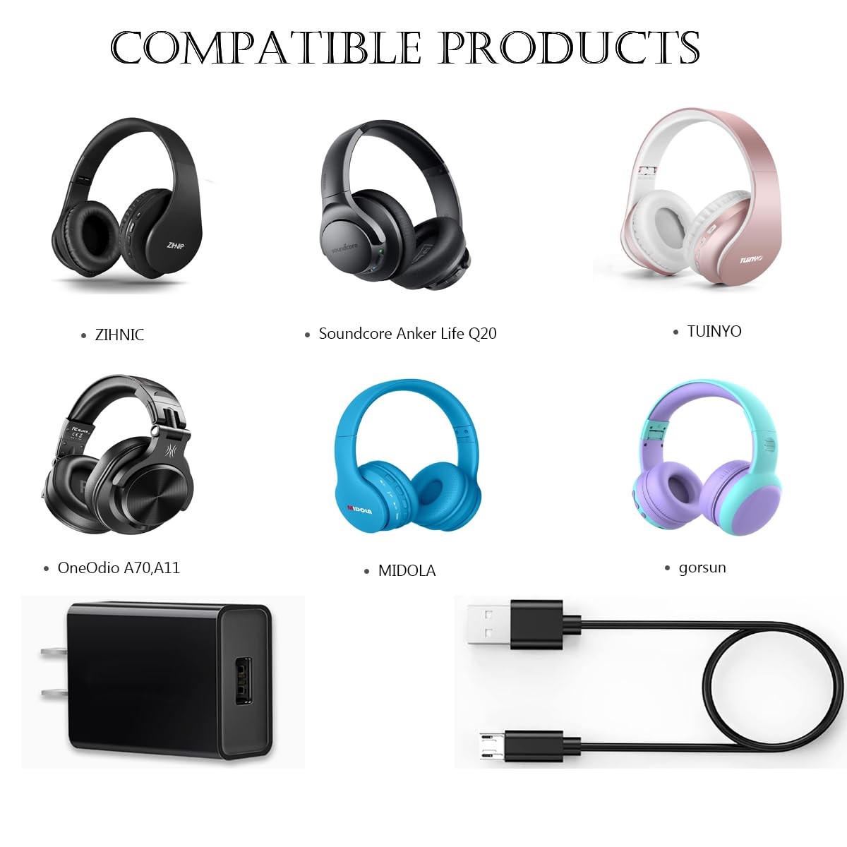 Noise Cancelling Headphones Charger Cable for ZIHNIC, Soundcore Life Q20, iJoy Old Version, MUSICOZY, TUINYO, OneOdio A70, A11, MIDOLA, Gorsun