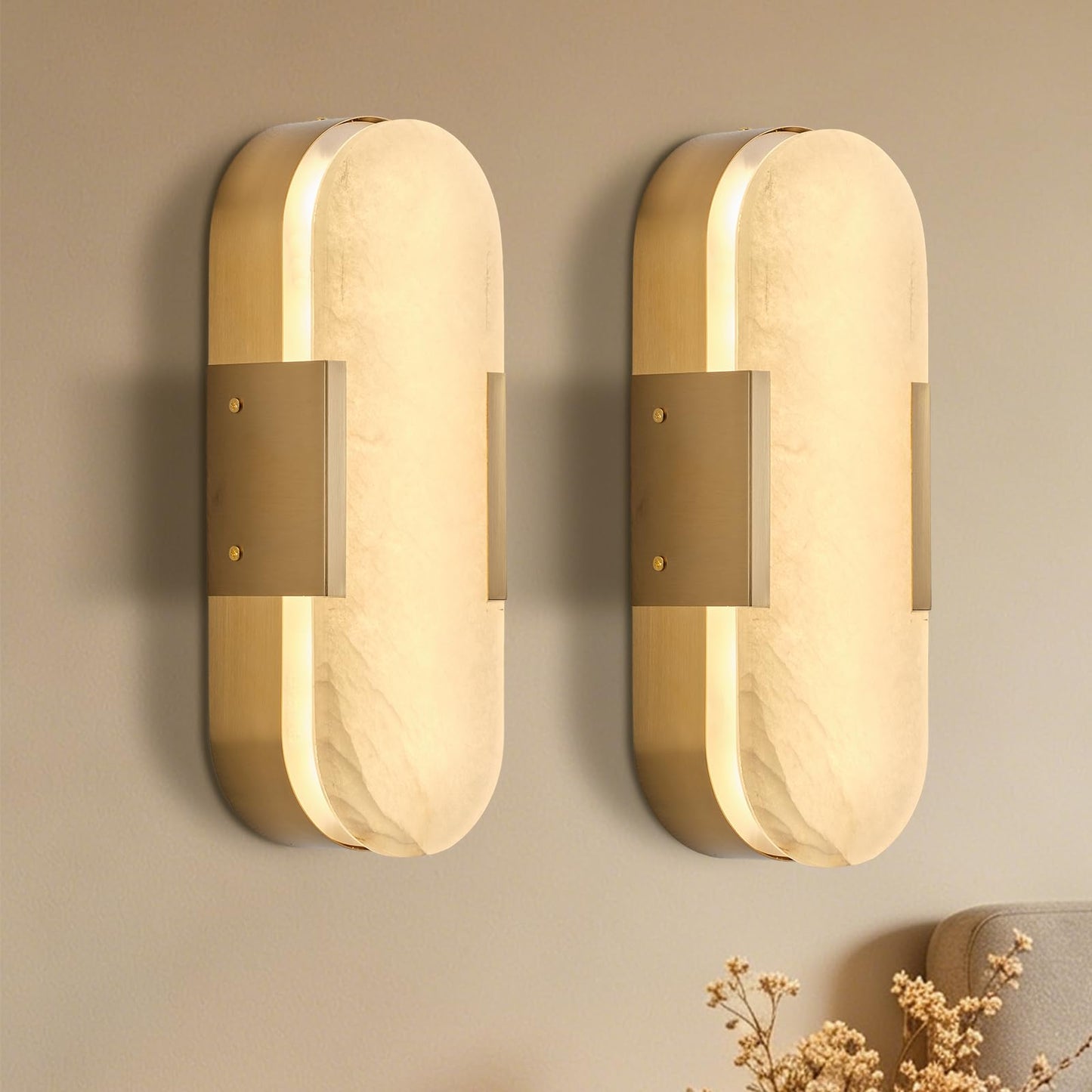 Golbasdena Alabaster Wall Sconces Set of Two, Natural Marble Gold Wall Lamp