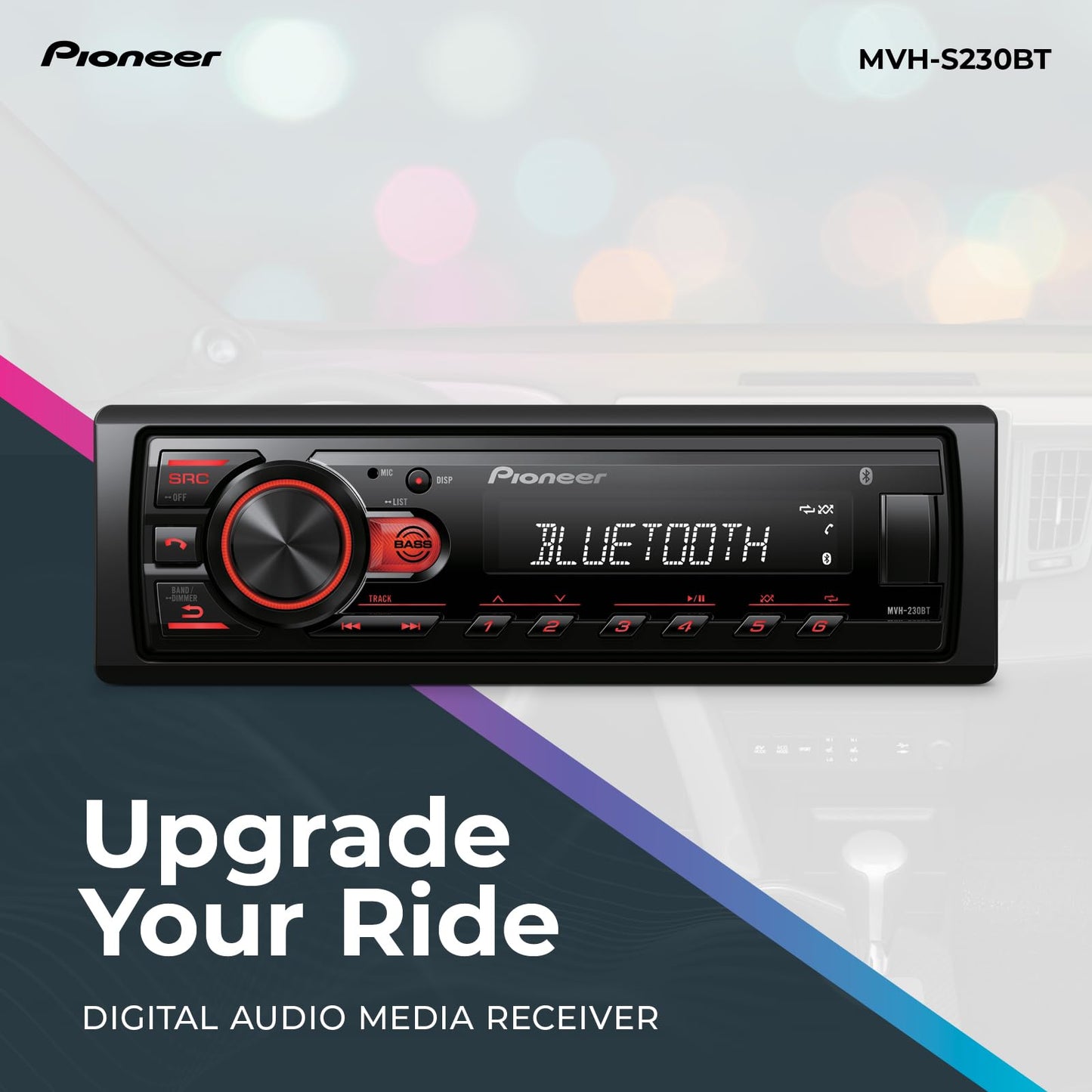 Pioneer MVH-S230BT 1-Din Digital Media Receiver - Bluetooth, USB, 50W x 4 Output, AM/FM Radio, iPhone/Android Compatible, Front/SW (Mono) Selectable