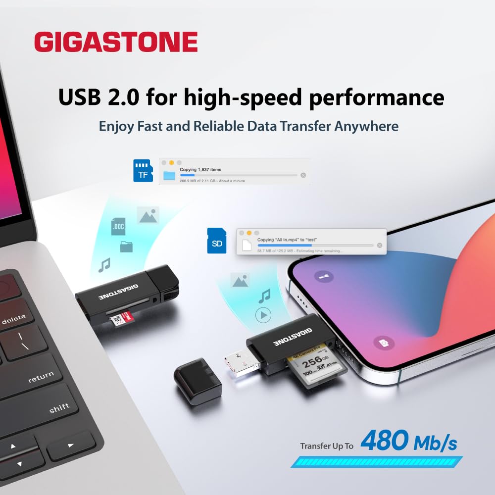 GIGASTONE SD Card Reader, 5-in-1 USB-A/USB-C Card Reader, Dual Slot for SD/Micro SD/SDHC/SDXC, Compatible with Laptop, PC, iPhone16/15, MacBook