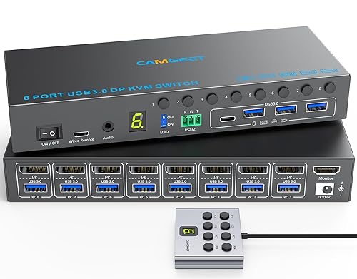 8 Port Displayport KVM Switch 4K@60Hz EDID Simulation, USB3.0 KVM Switch Displayport for 8 Computers Share 1 Monitor and 4 USB Devices,KVM Switches