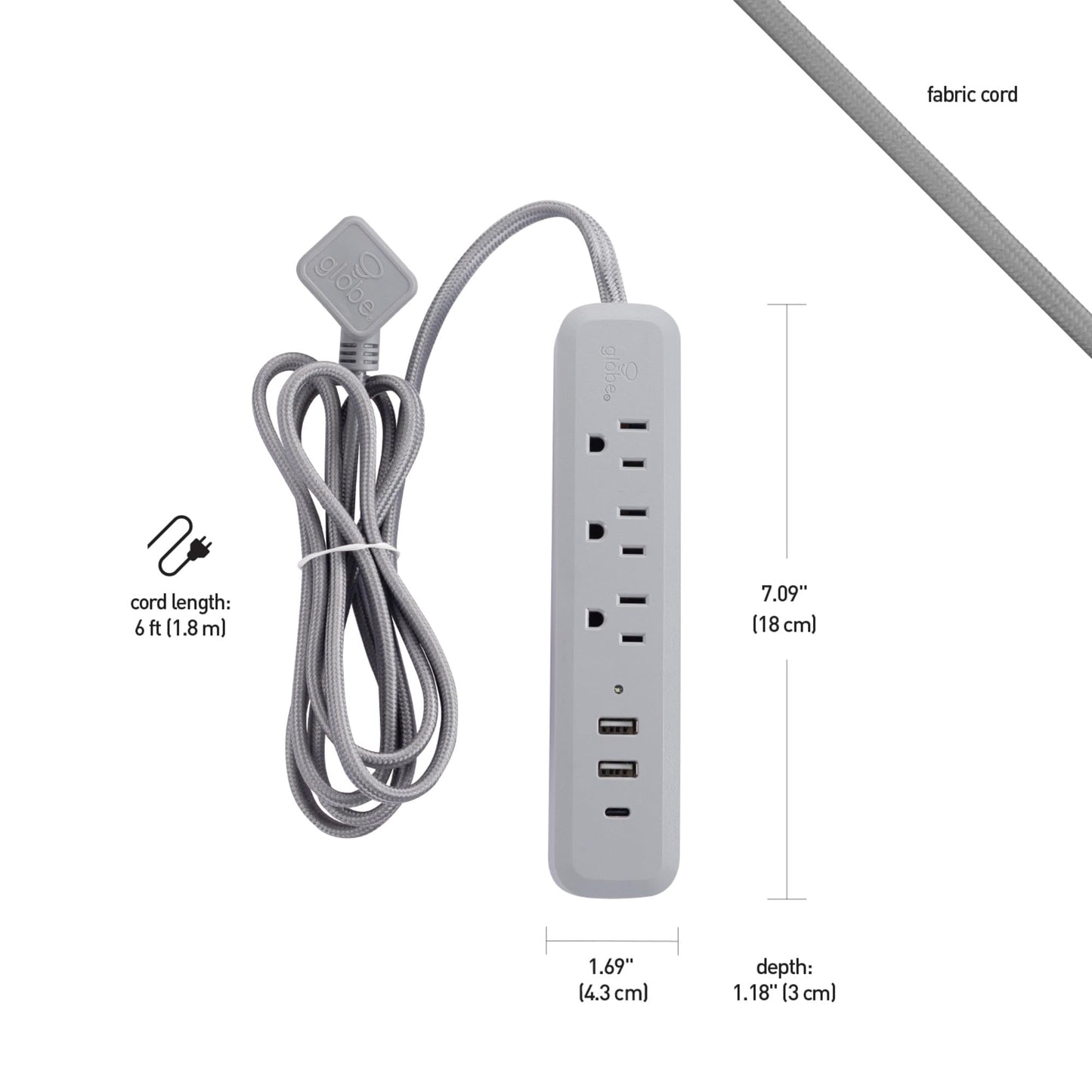 Globe Electric Designer Series 6-ft 3-Outlet USB Surge Protector Power Strip, 2X USB-A Ports, 1x USB-C Port, Right Angle Plug, Gray, 78551