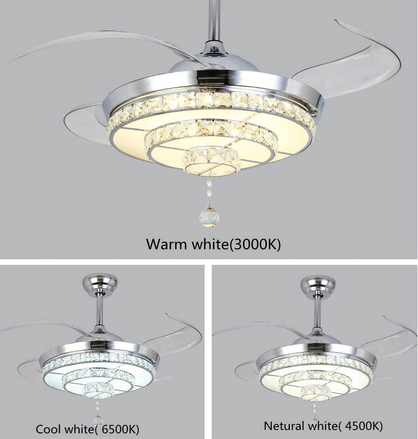 RuiWing 42" Crystal Ceiling Fan with LED Light, Remote Control Retractable