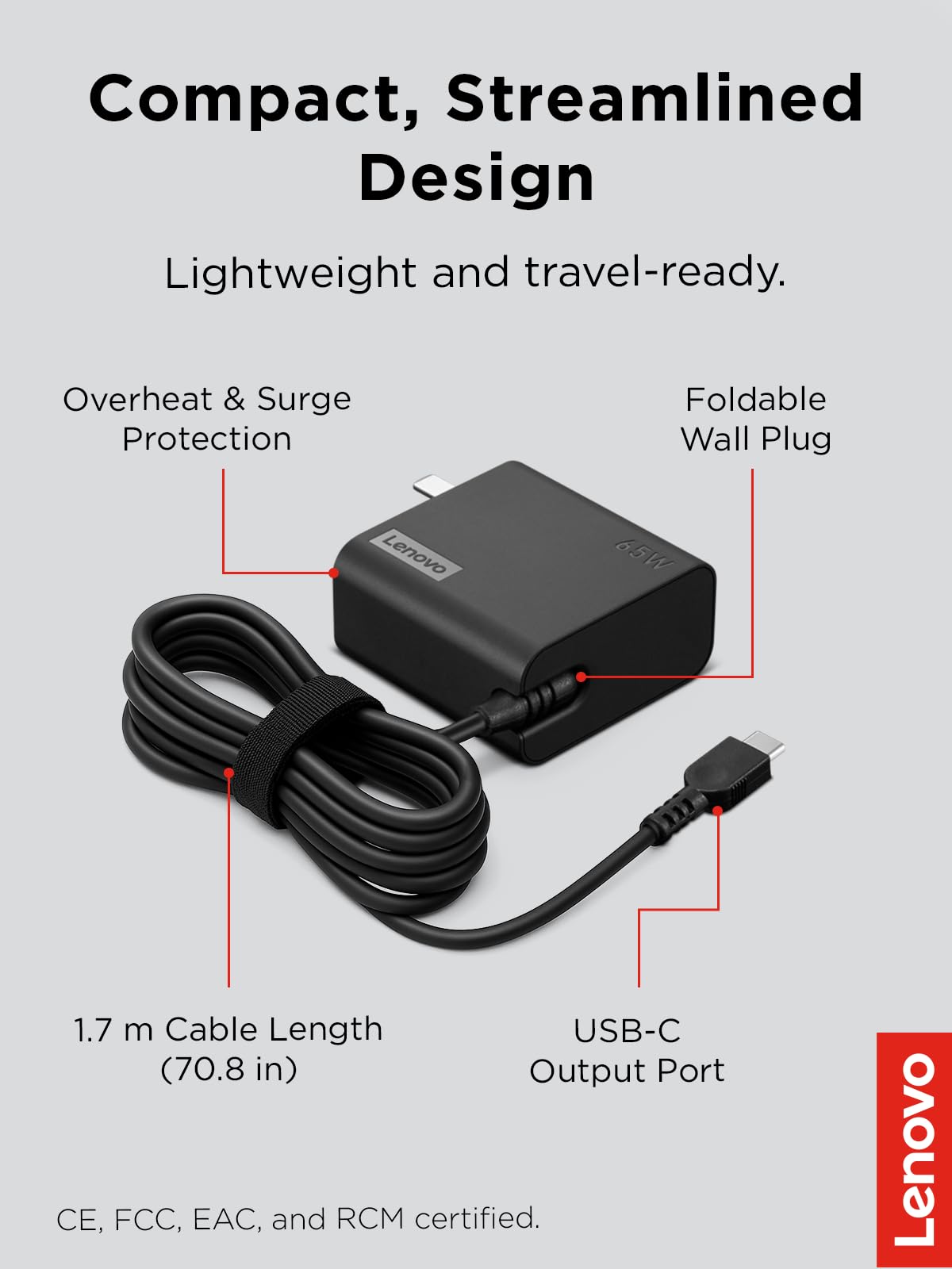 Lenovo USB-C 65W Wall Charger - PD 3.0 - Power Adapter for Laptop, Tablet, Notebook, USB-C Compatible Devices - Slim, Light and Portable with 6.5 Foot
