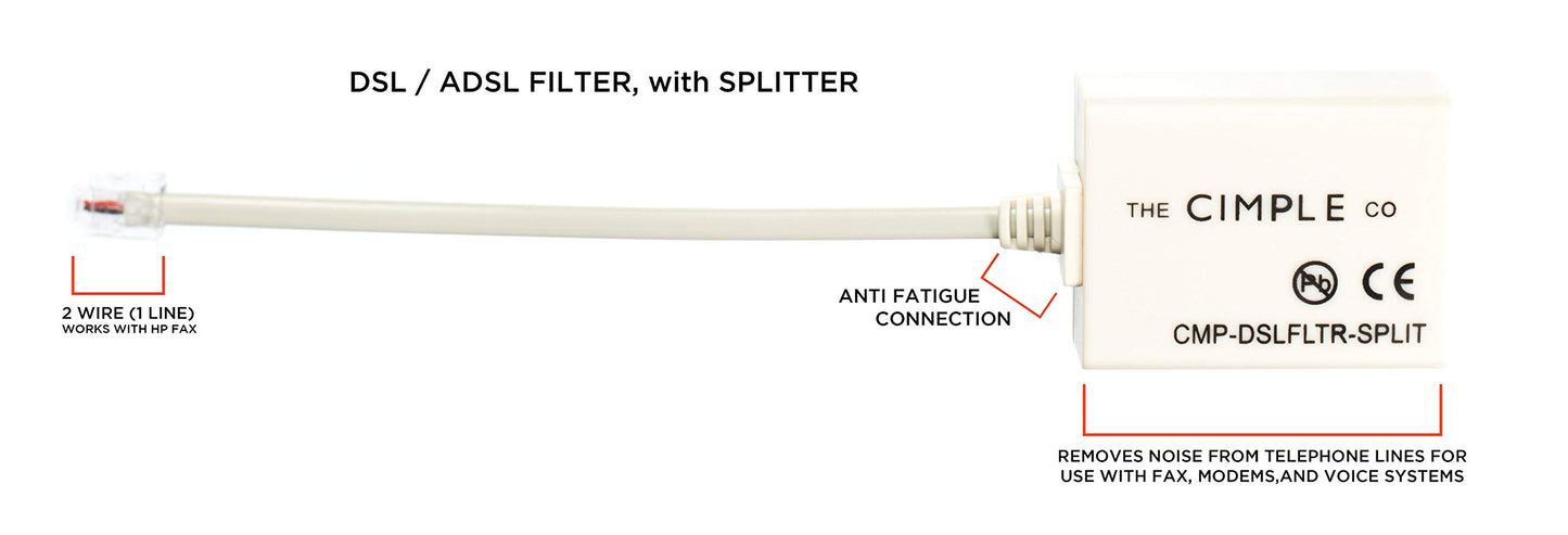 THE CIMPLE CO Modem Phone Filter, 1 Pack, DSL Splitter, 2 Wire, 1 Line, Removes Noise from Phone Lines, for Fax, Landline, Satellite, and Printer