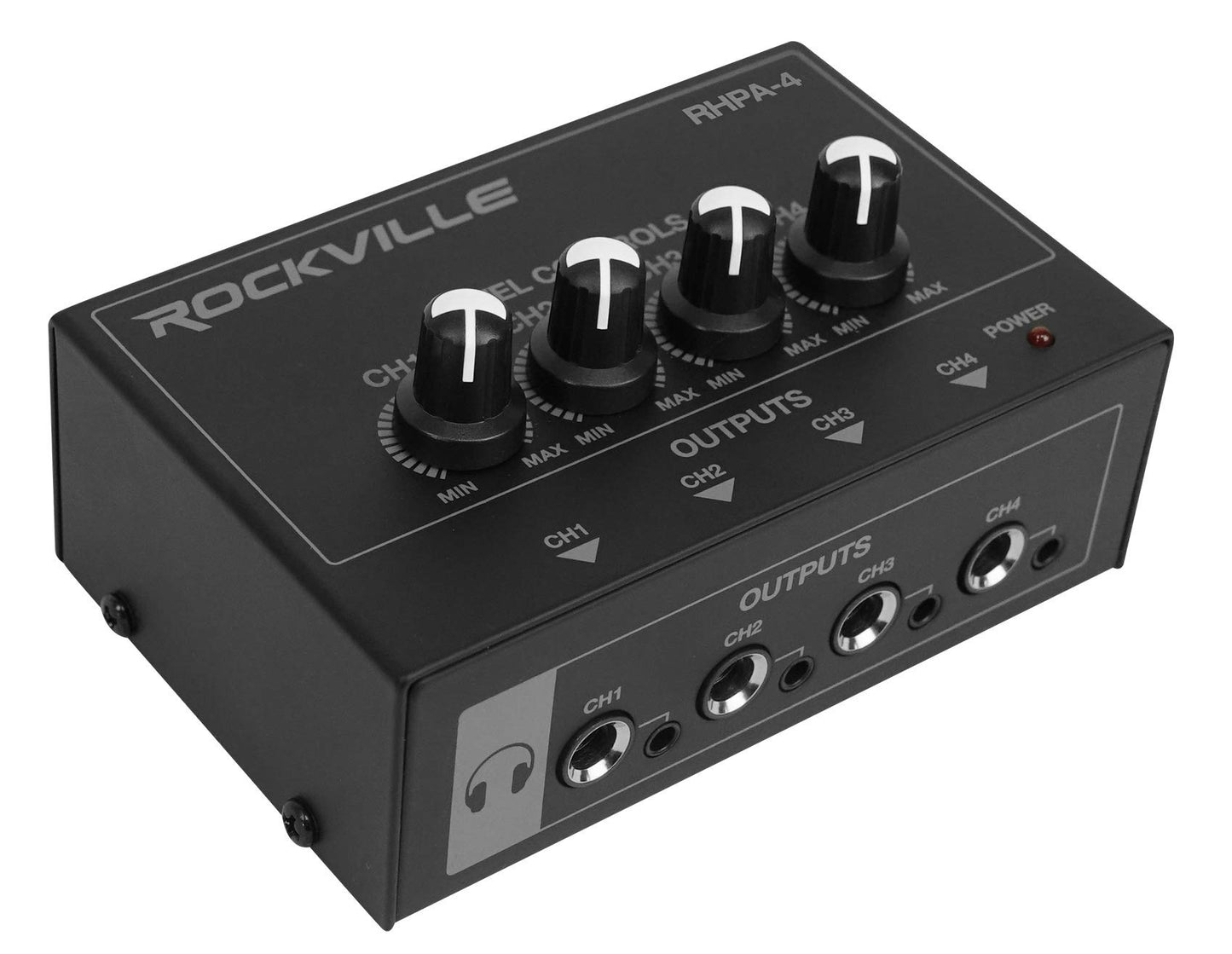Rockville RHPA4 4-Channel Headphone Amplifier, Stereo/Mono Switch, Dual 1/4" and 3.5mm Outputs per Channel, USB Power, for Studio and Podcast