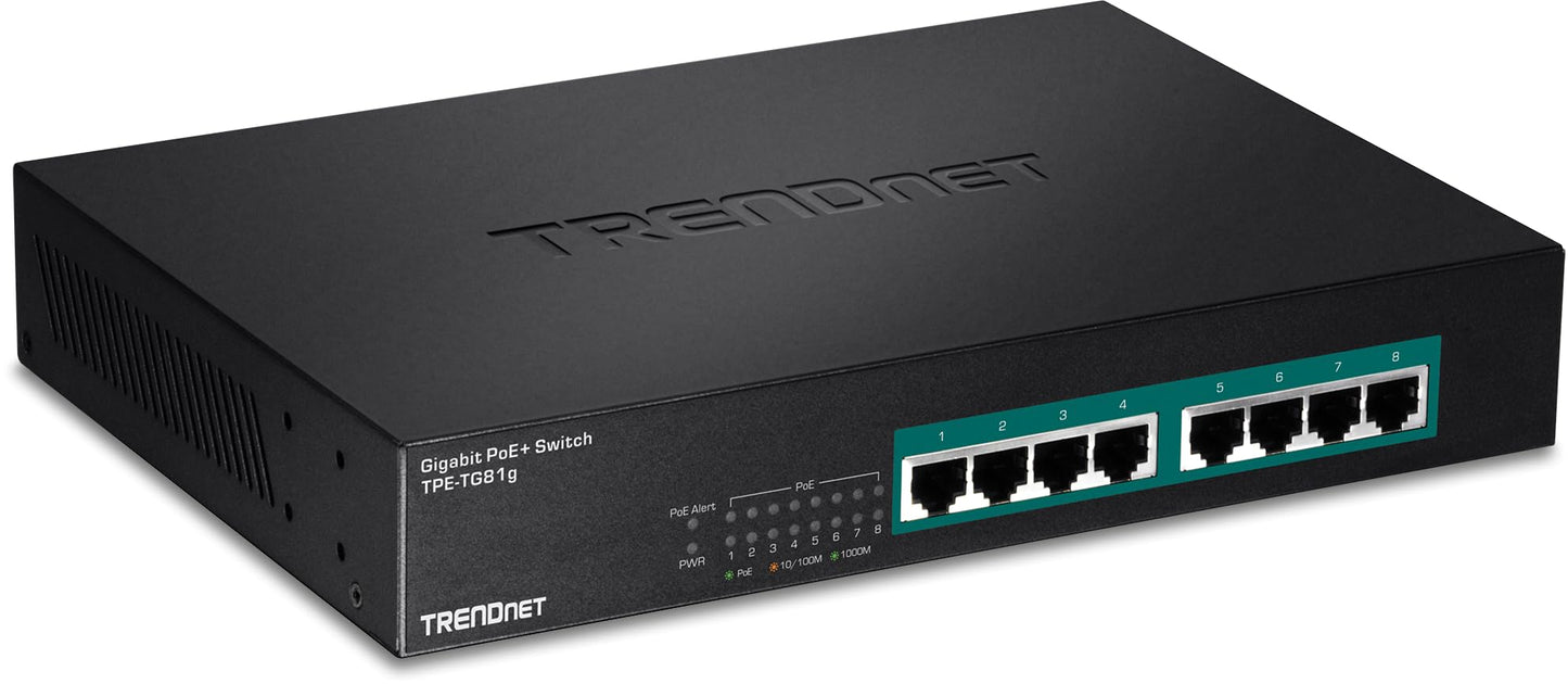 TRENDnet 8-Port Gigabit GREENnet PoE+ Switch, TPE-TG81g, 8 x Gigabit PoE+ Ports, Rack Mountable, Up to 30 W Per Port with 110 W Total Power Budget