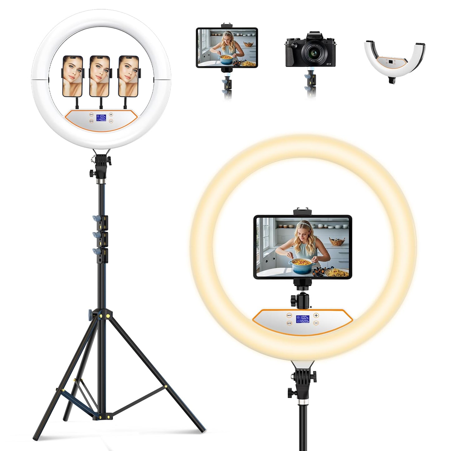 18 inch Ring Light with Stand,Foldable Large Ring Light for ipad iPhone,LCD Display/4 Clips/2 USB Ports,2700-6500K with Tripod for Tattoo Lash Barber