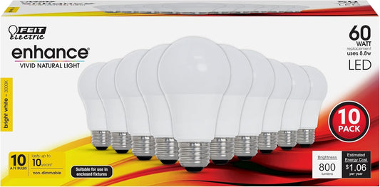 Feit Electric A19 LED Light Bulb, 60W Equivalent, Non Dimmable, 800 Lumens, E26 Medium Base, 3000k Bright White, CRI 90, 10 Year Lifetime, UL Listed