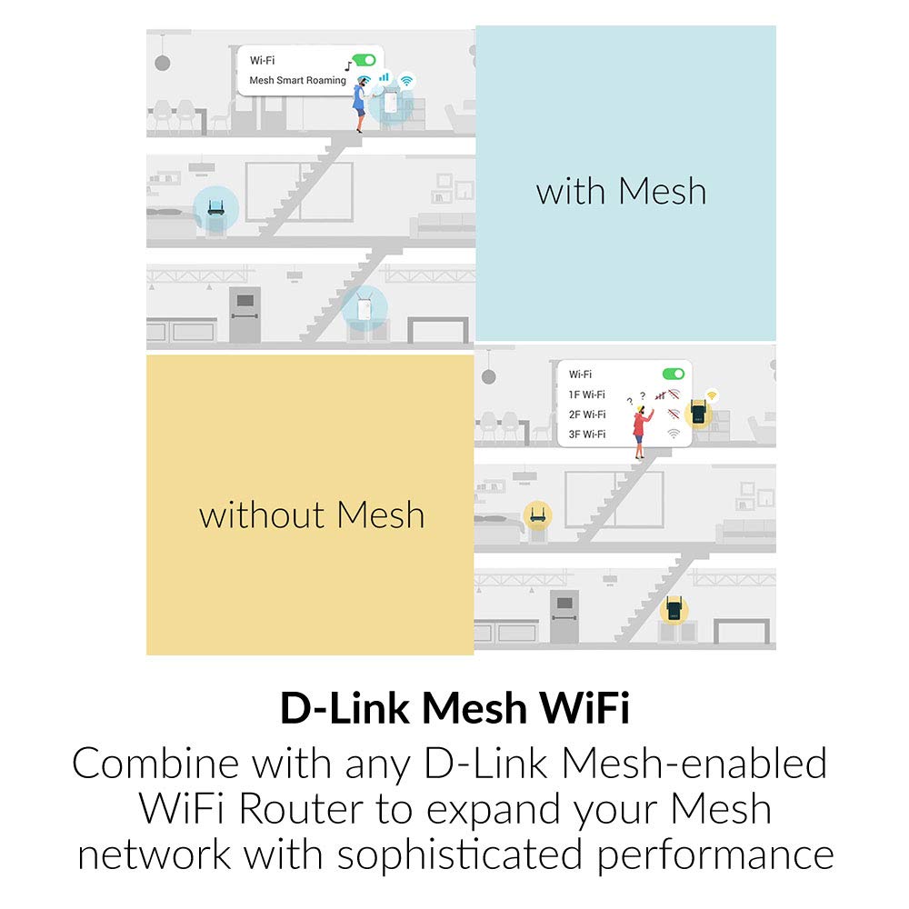 D-Link DAP-1530-US, WiFi Range Extender, AC750 Mesh Plug in Wall Signal Booster, Dual Band Wireless Repeater Access Point for Smart Home