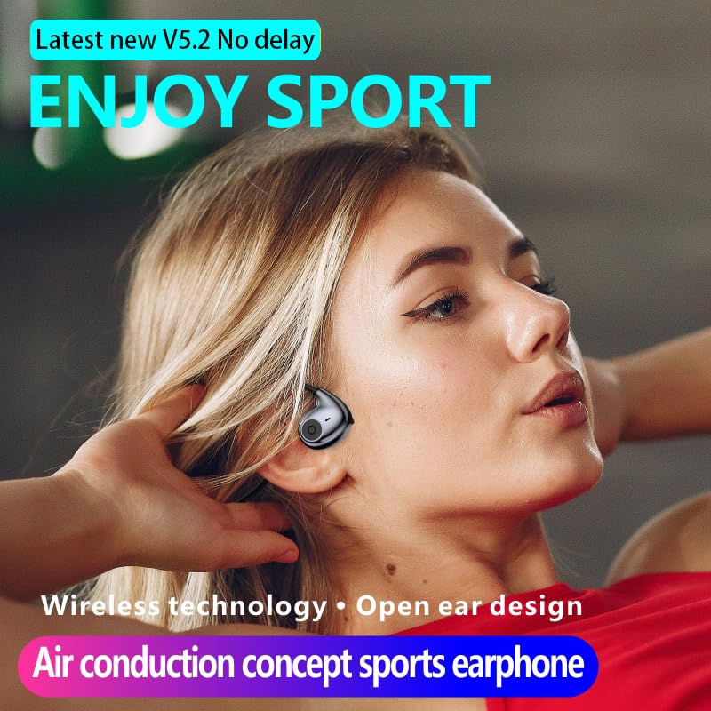 HDKKE Open Ear Headphones Wireless Bluetooth, Air Conduction Headset Wireless Earbuds, Sports Headphones with HD Stereo Sound, Secure Fit Earhooks