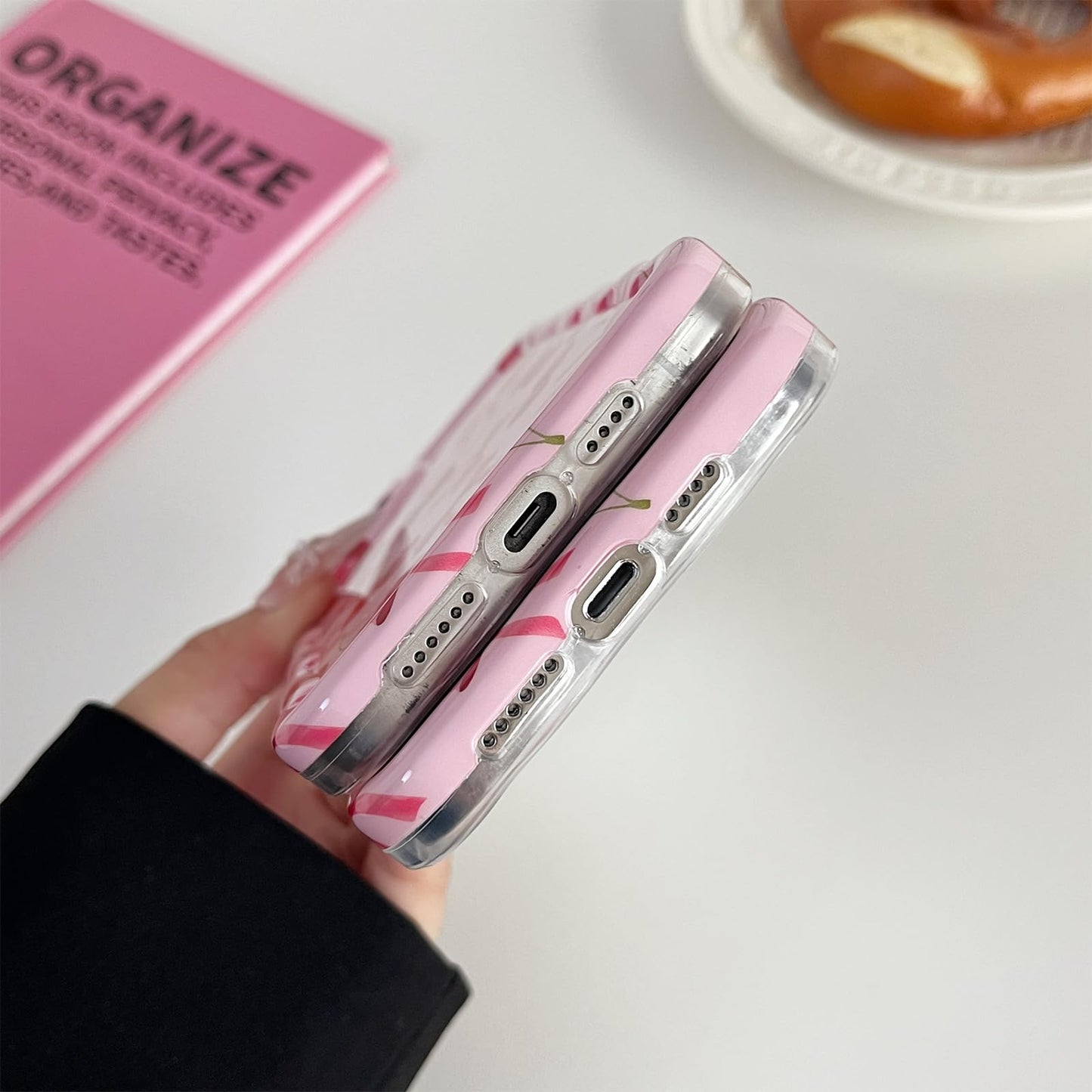 branple Compatible with iPhone 16 Plus Case, Cute Wave Curly Pink Cherry Bow Phone Case for Women, Soft TPU Shockproof Protection Cover Designed