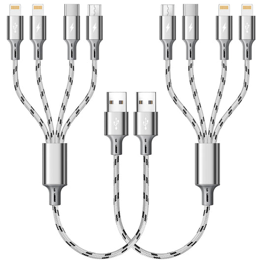 ASICEN Multi Charging Cable 2Pack 1Ft Short Multi Charging Cord Braided 4 in 1 Multiple USB Cable Charger Cable with Lightning/Type C/Micro USB Port
