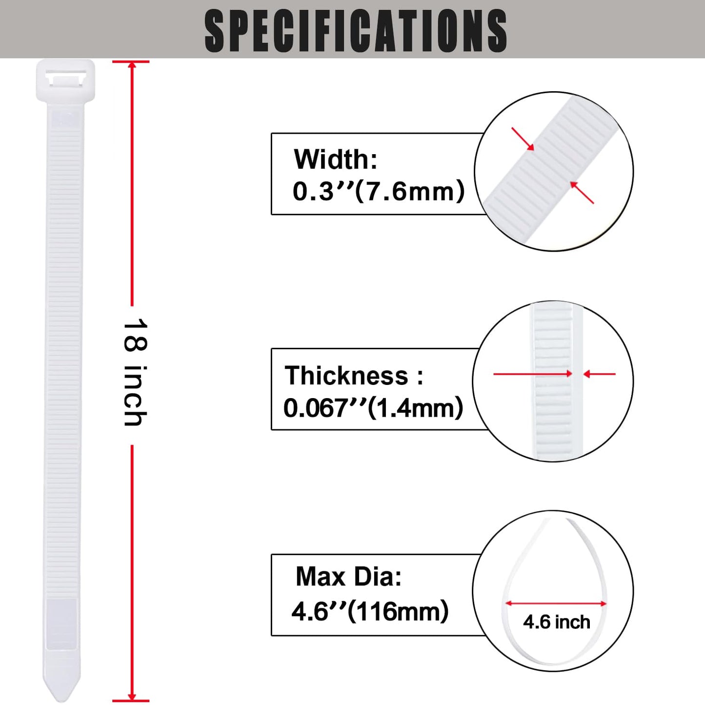 Cable Zip Ties, Heavy Duty Self Locking Zipties, 100 Pack White 18 Inch 120LB, Nylon Cord Management,Plastic Wire Ties for Office,Home,Garden,Workshop