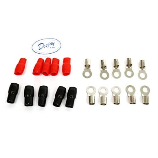 DEEJAY LED 10 Pcs Ring Terminal Connectors - Crimp/Solder Connector Style with 5 Red & 5 Black Insulators for 4 Gauge Wire, 1 3/8-in Length, Suitable for Amplifier Installations