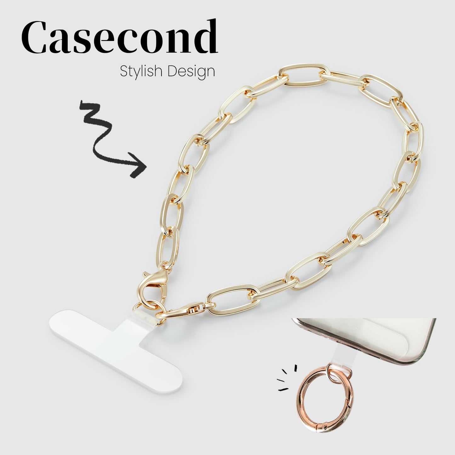Casecond 2 pcs Phone Charm with Gold Metal Chain Detachable Phones Lanyard Hand Wrist Smartphone Strap Adjustable Grip Strap with 3 Patches Tether