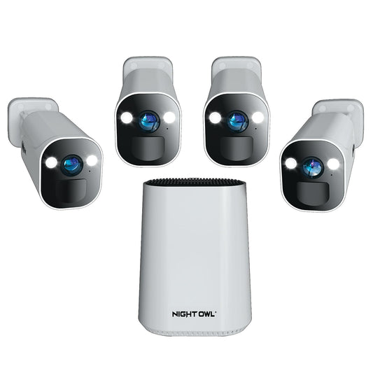 Night Owl 8 Channel Wi-Fi Video Home Security Hub with (4) Battery-Powered Wi-Fi 2K HD Indoor/Outdoor Spotlight Cameras with 2-Way Audio and 64GB