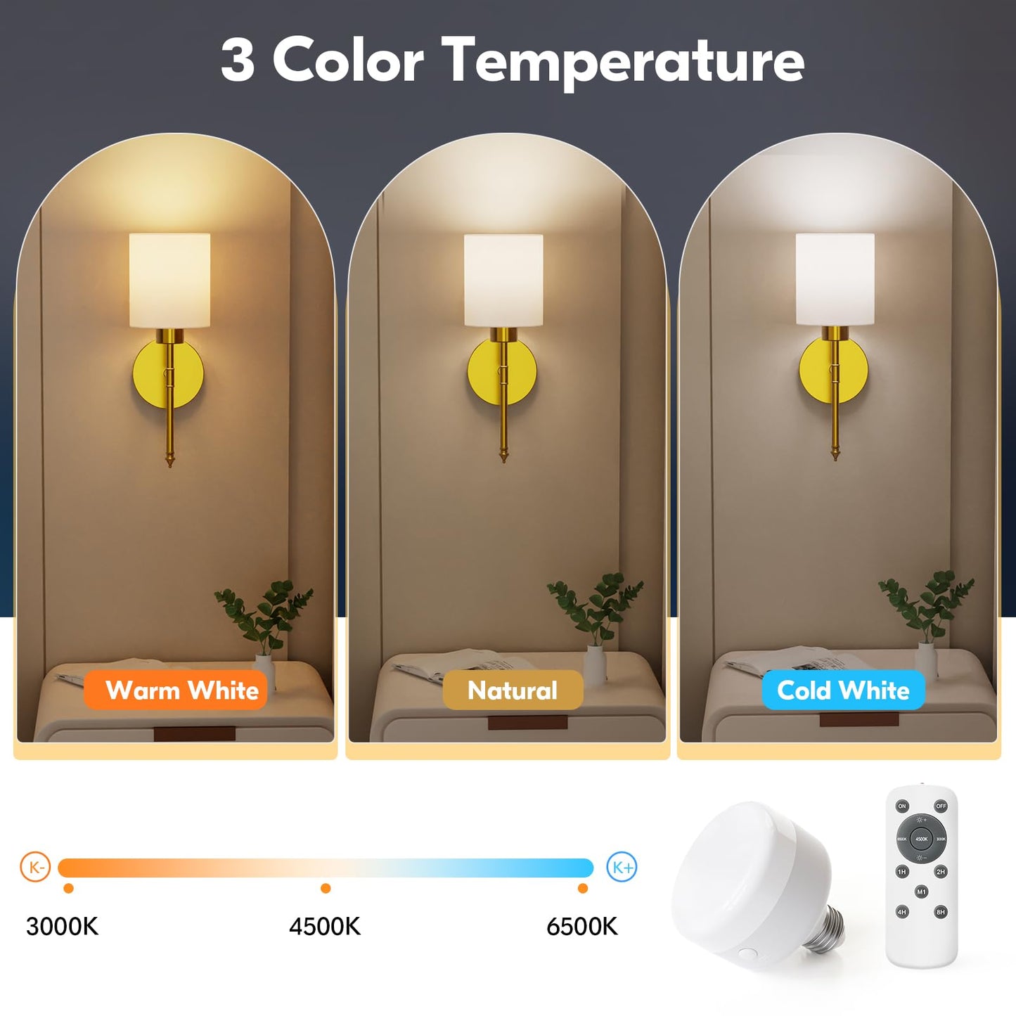 NIORSUN 15 inch Battery Operated Wall Sconce Set of 2, Gold Wireless Rechargeable Wall Lights with 5200mAh Dimmable Detachable Bulbs and Remote, 9