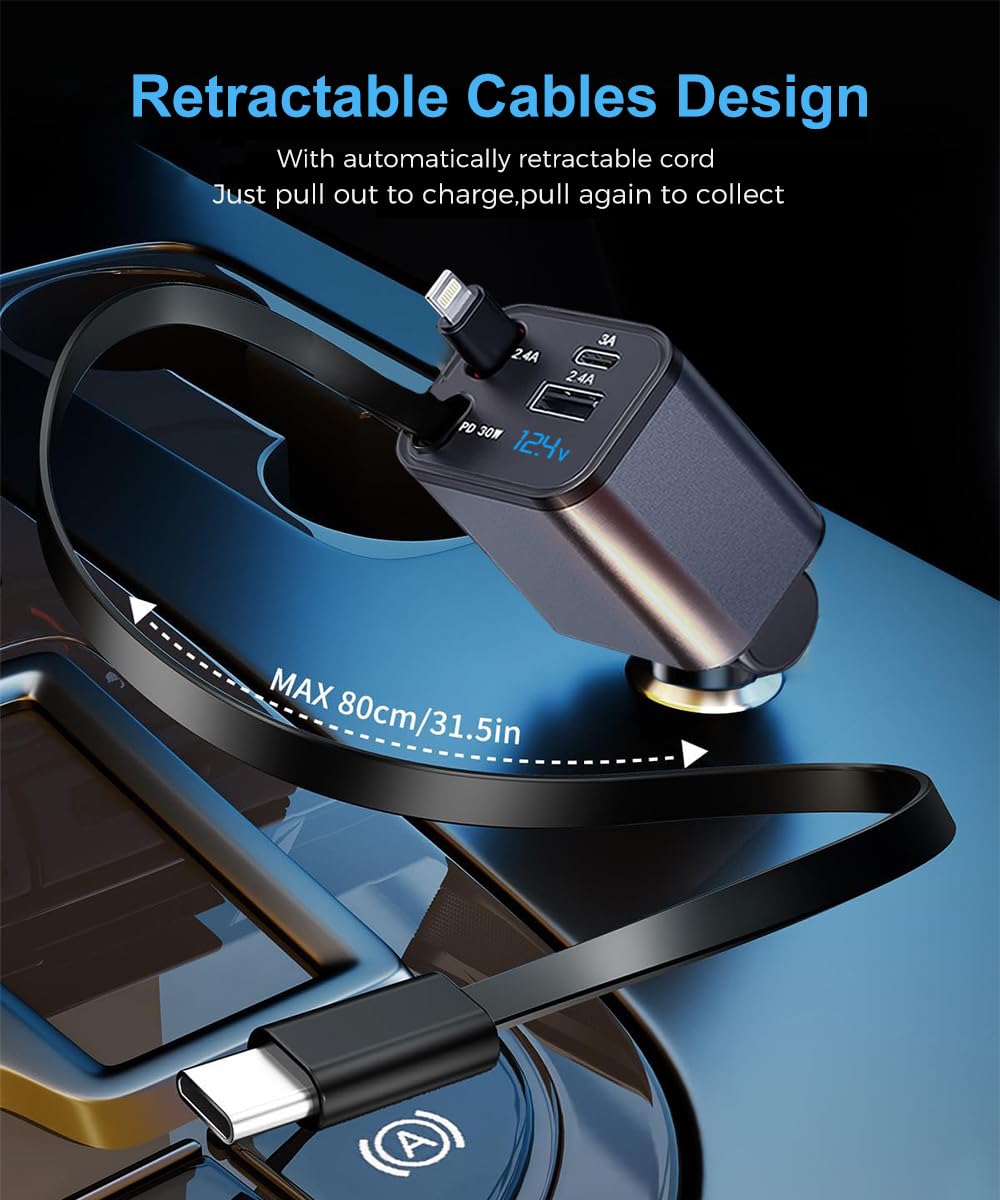 4 in 1 Retractable Car Charger,Super Fast Charging Car Chargers ?with 2 Retractable Cords and 2 UBS Port, Car Adapter for iPhone 16/15/14/13/12 Series