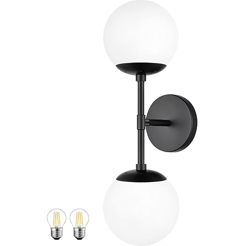 KoKo&Yukina Mid Century Modern Bathroom Matte Black Bathroom Vanity Light Fixtures Globe Sconce 2 Light Vanity Light Milky White Vanity Light Mid