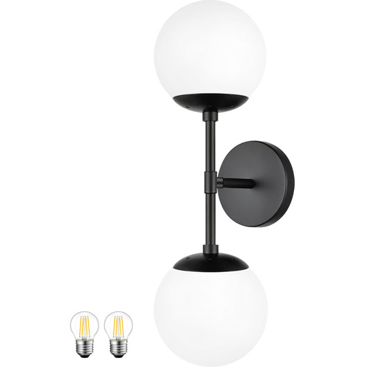KoKo&Yukina Mid Century Modern Bathroom Matte Black Bathroom Vanity Light Fixtures Globe Sconce 2 Light Vanity Light Milky White Vanity Light Mid