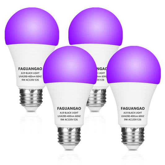 FAGUANGAO LED Black Light Bulb,9W(75Watt Equivalent) A19 UV Blacklight Bulb,120V,UVA Level 390-400nm,E26 Medium Base,Glow in The Dark for Blacklight