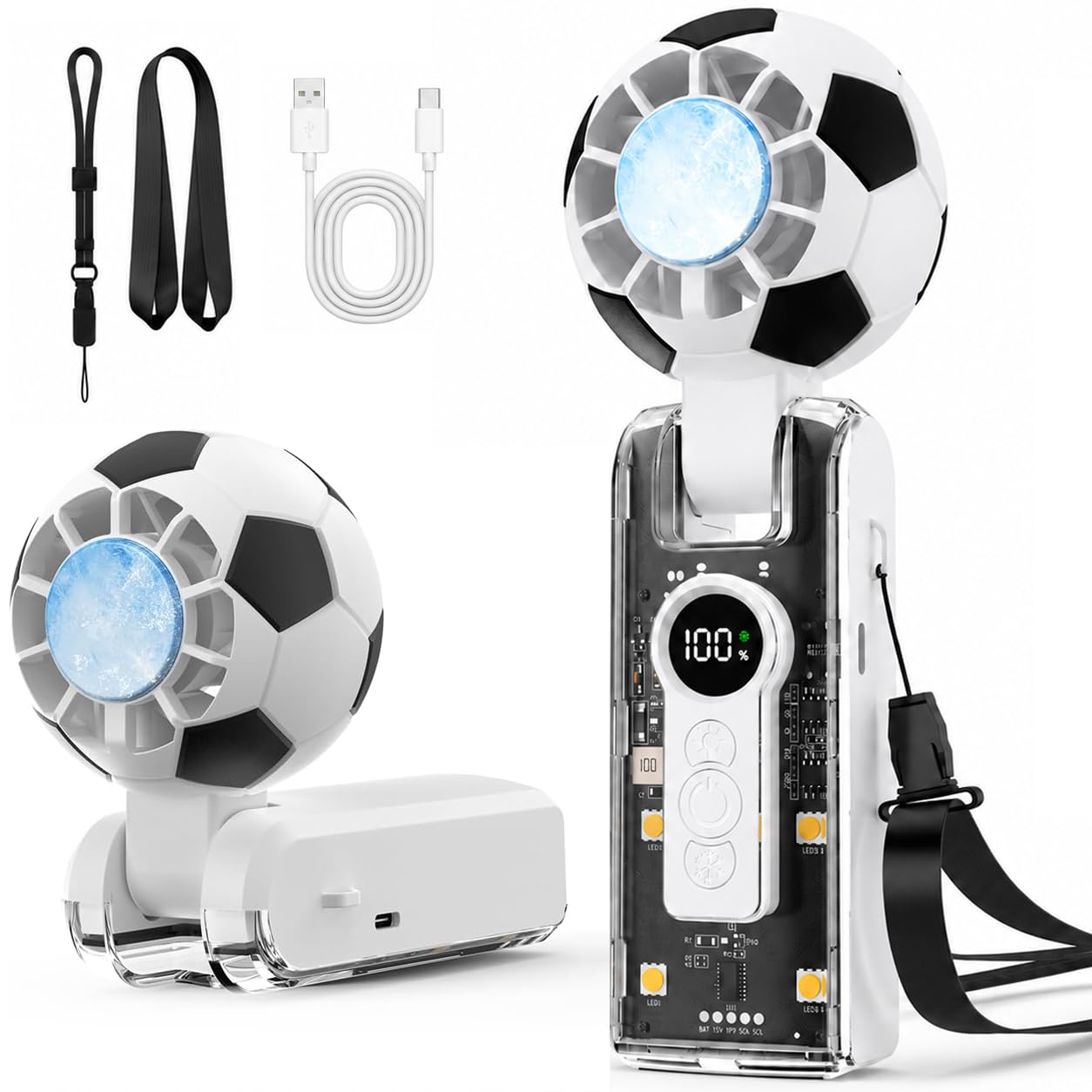 Mini World Cup Ball Fan Handheld Turbo Fan, Rechargeable & Foldable Personal Neck Fan, 4-Mode LED Lights,Up to 12 Hrs,Small Portable Mini Soccer Fan