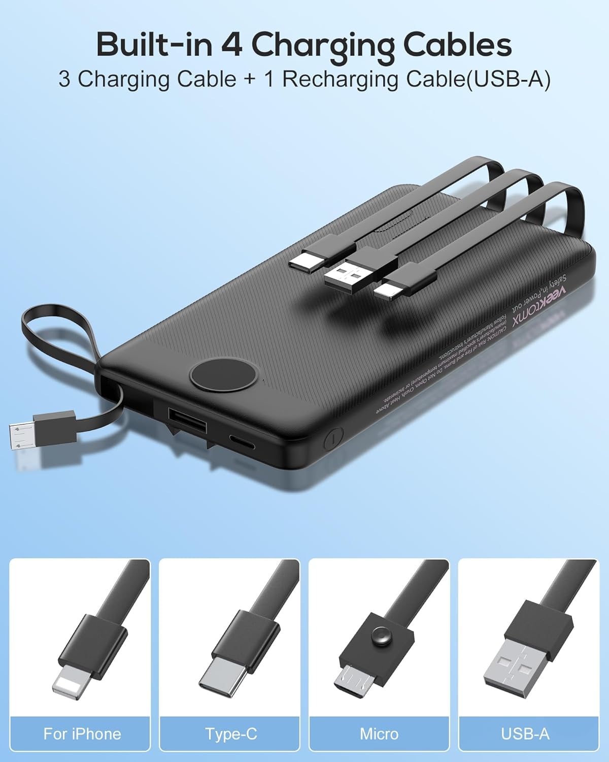 VEEKTOMX 10000mAh Portable Charger with Built-in Cables