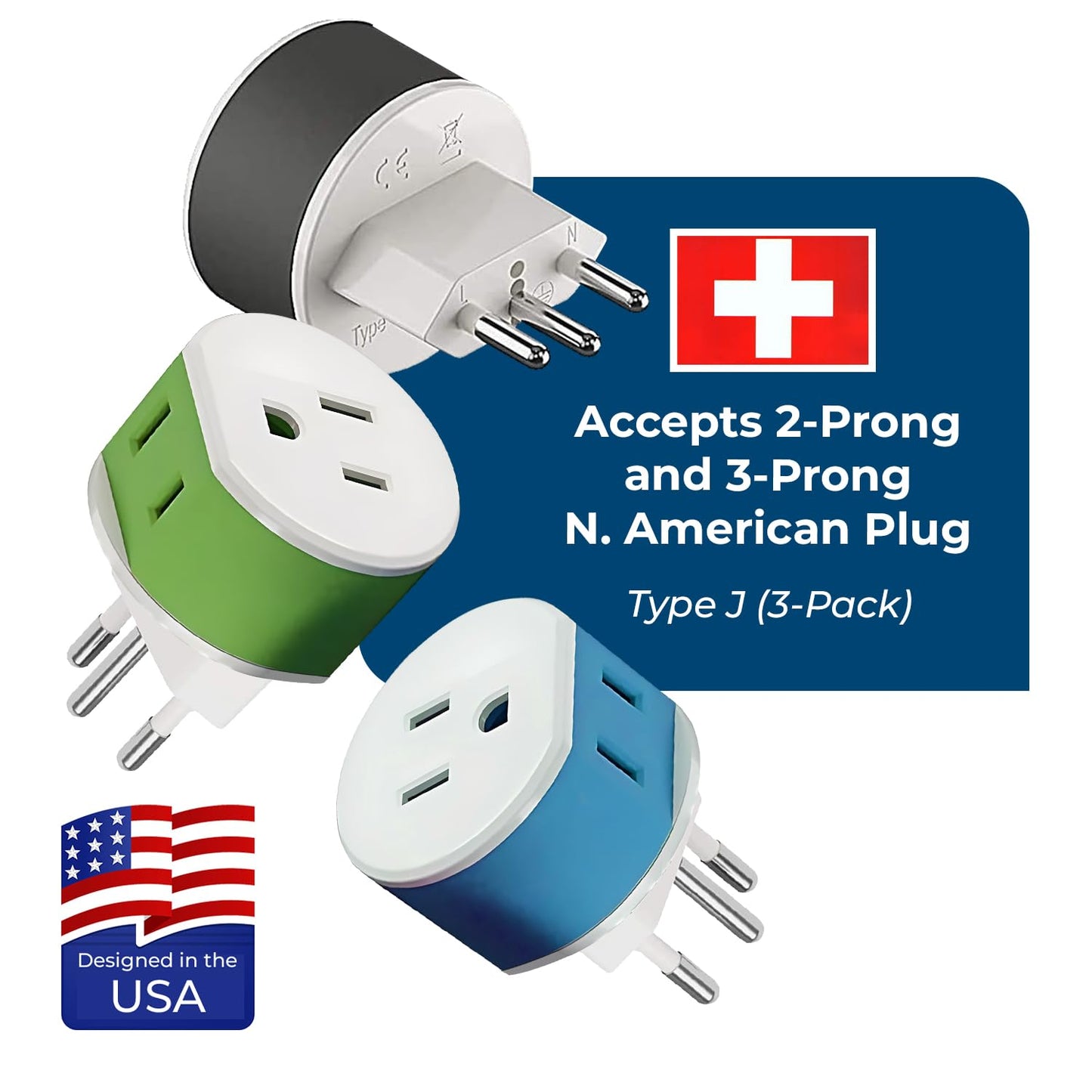 OREI Switzerland Power Plug Adapter 3-Pack – Type J Travel Adapter with 2 USA Inputs for Phones, Laptops, Cameras, CPAP & More (US-11A)