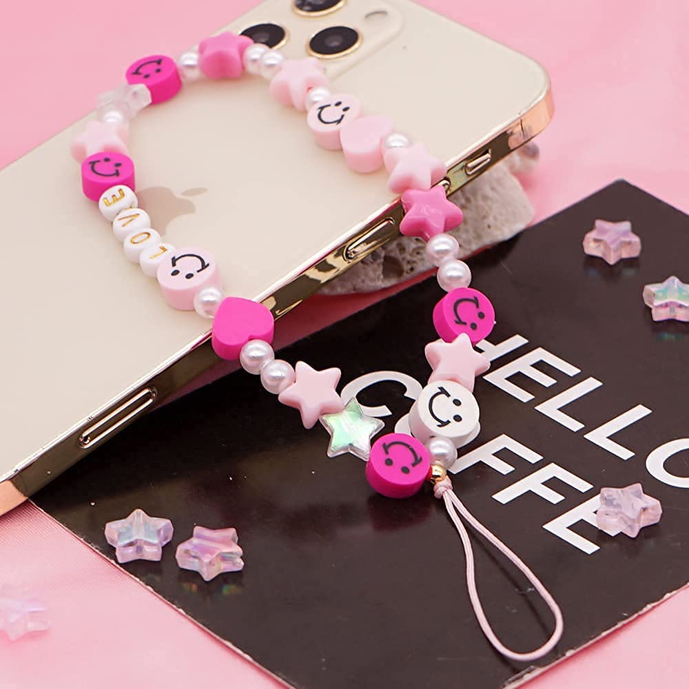 LUSTEMBER Cute Beaded Phone Charm, Smiley Face Wrist Strap, Colorful Handmade Polymer Clay and Pearl Chain