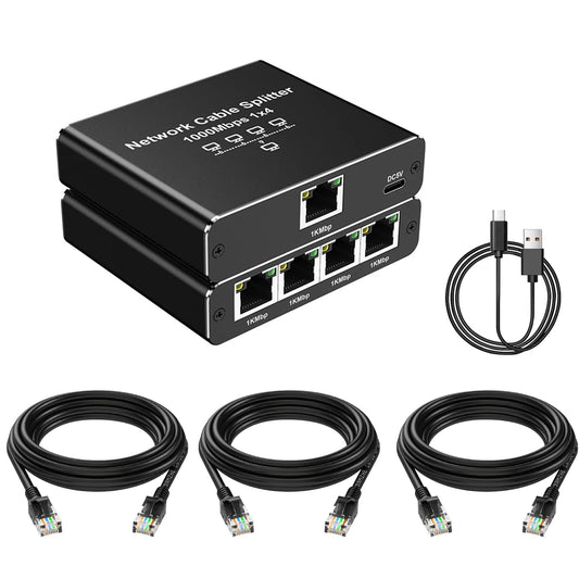ShuoArmor 1 to 4 Gigabit LAN Splitter - 1000Mbps High Speed Network Hub | Supports Cat6/7/8 Cables | 4 Devices Simultaneous Connection | Stable & Low