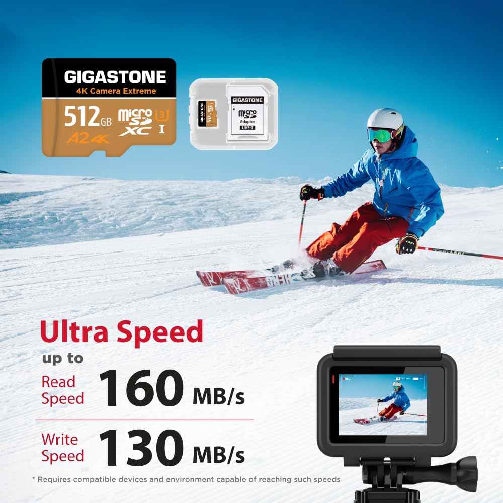 ?5-Years Data Recovery? GIGASTONE 512GB Micro SD Card, 4K Camera Extreme, MicroSDXC Memory Card for GoPro, Action Camera, DJI, UHD Video, Speed up