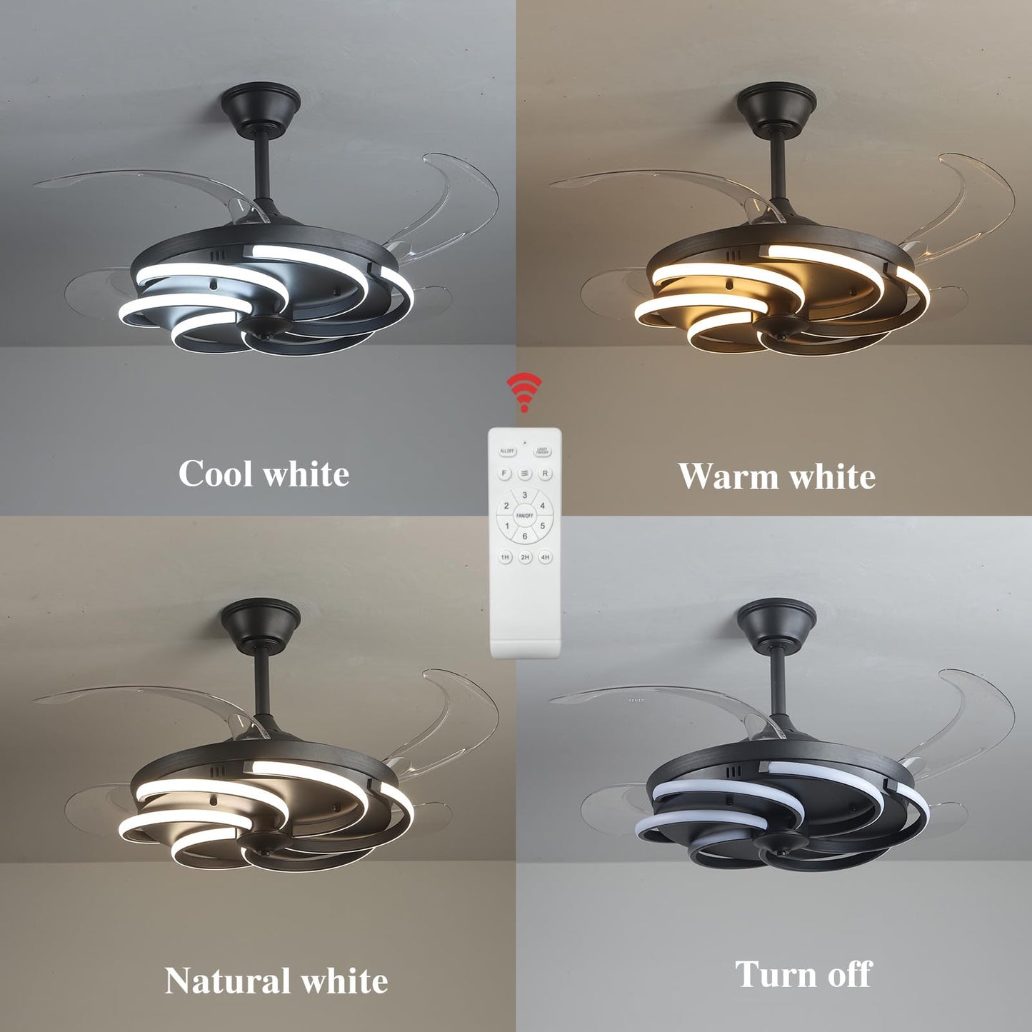 inrichifeir 42" Retractable Ceiling Fan with Lights Modern Fandelier Fan Light with Remote Bladeless Fan Ceiling Light for Bedroom Living Room 6 Speed