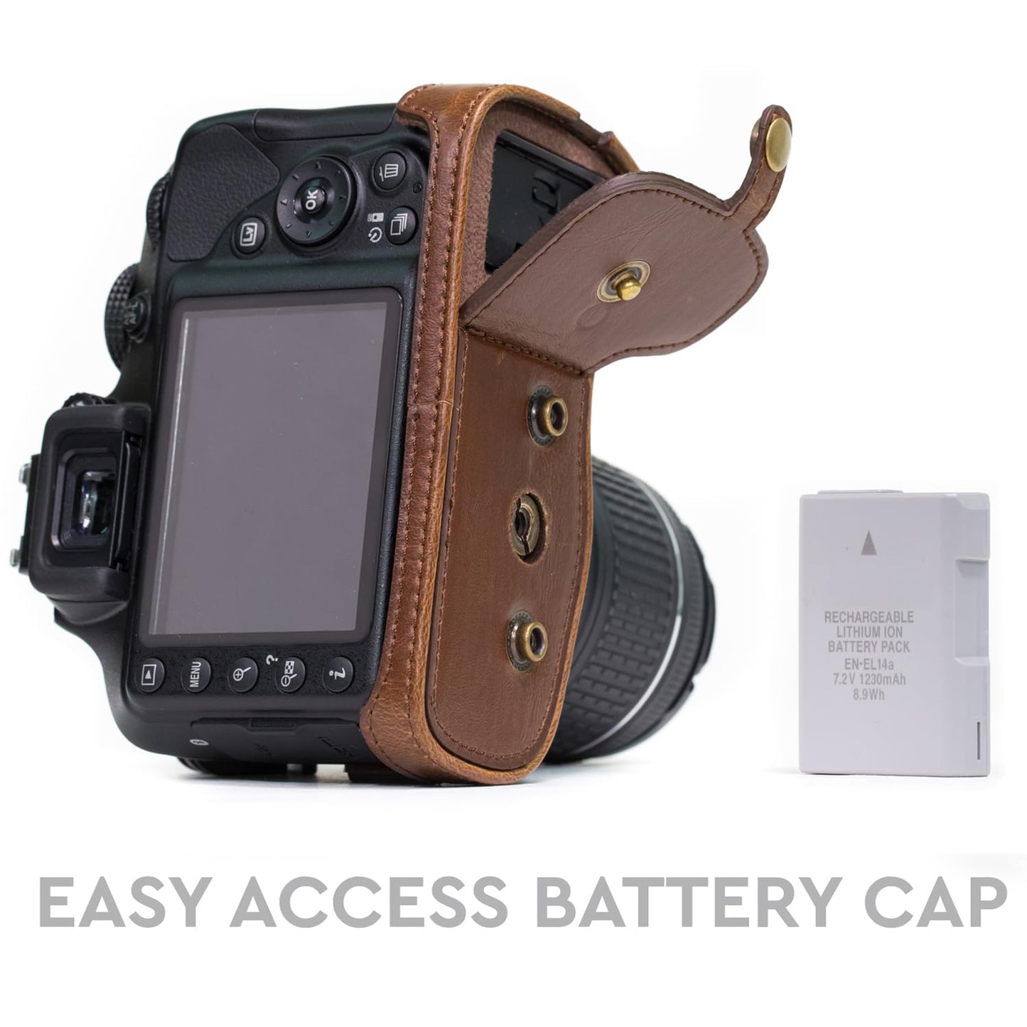 MegaGear Nikon D3400 Ever Ready Leather Camera Case and Strap, with Battery Access - Dark Brown - MG857
