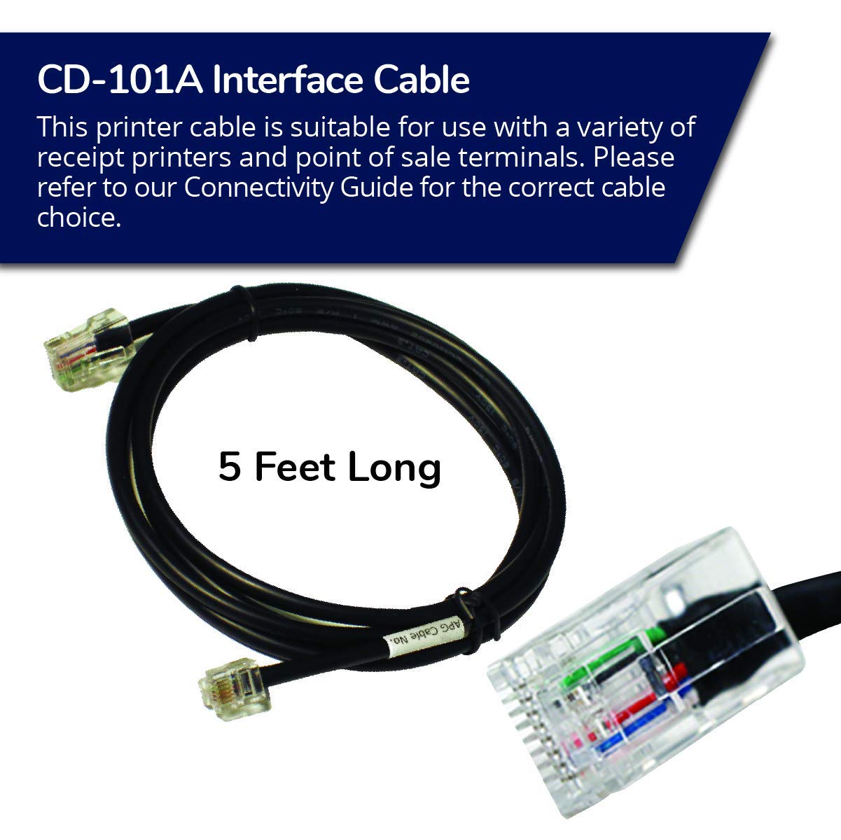 APG Printer Interface Cable | CD-101A | Cable for Cash Drawer to Printer Connection | 1 x RJ-12 Male - 1 x RJ-45 Male | Connects to EPSON and Star