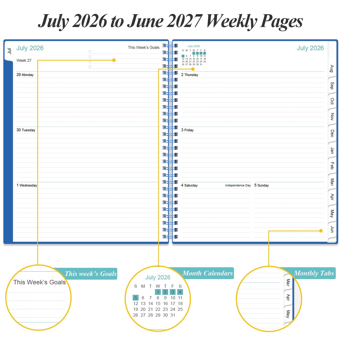 2026-2027 Planner - Planner 2026-2027 from July 2026 to June 2027 with 12 Monthly Tabs, Flexible Cover, Inner Pocket, 8.5" x 11", Blue