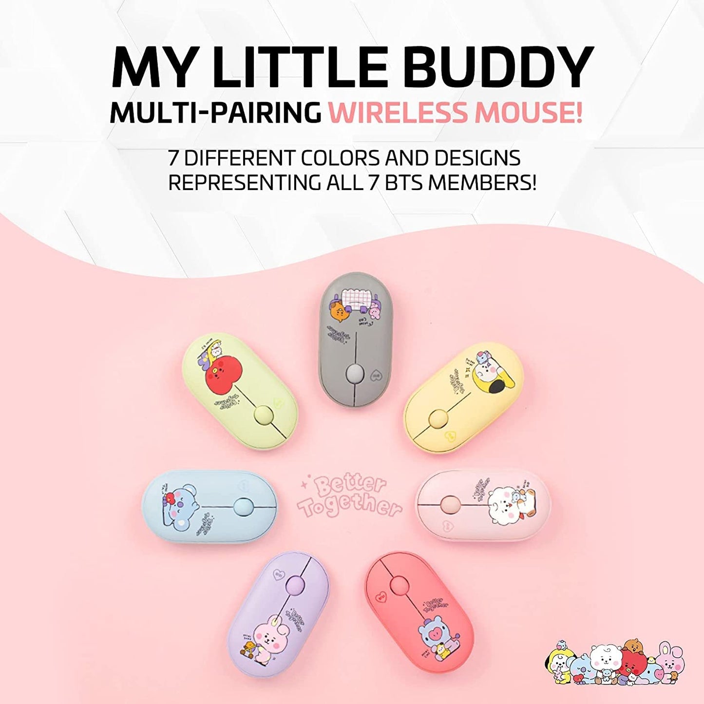 ROYCHE BTS Inspired Characters Multi Pairing Wireless Mouse, Little Buddy Baby Better Together Edition, All in Their Own Cute Style & Colors (SHOOKY)