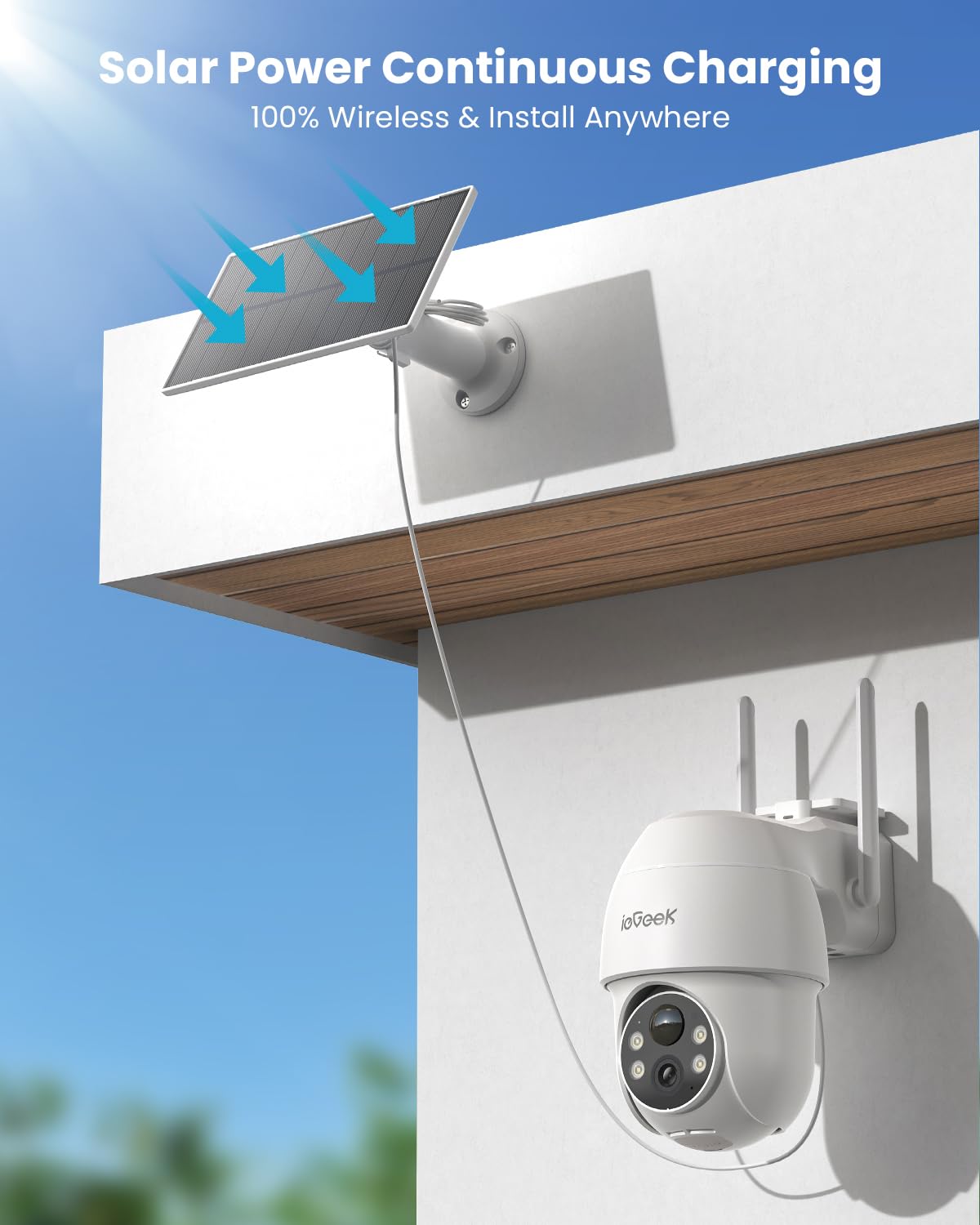 ieGeek Solar Security Cameras Wireless Outdoor, 2K 2.4G WiFi Camera with Solar Panel and Battery Powered, Color Night Vision with Spotlight, 360° PTZ