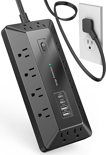 Surge Protector Power Strip with USB Ports, 12 Outlets 2 USB-C 2 USB-A, 6 Ft Flat Plug Extension Cord, Multi Plug Outlet as Charging Station for Desk