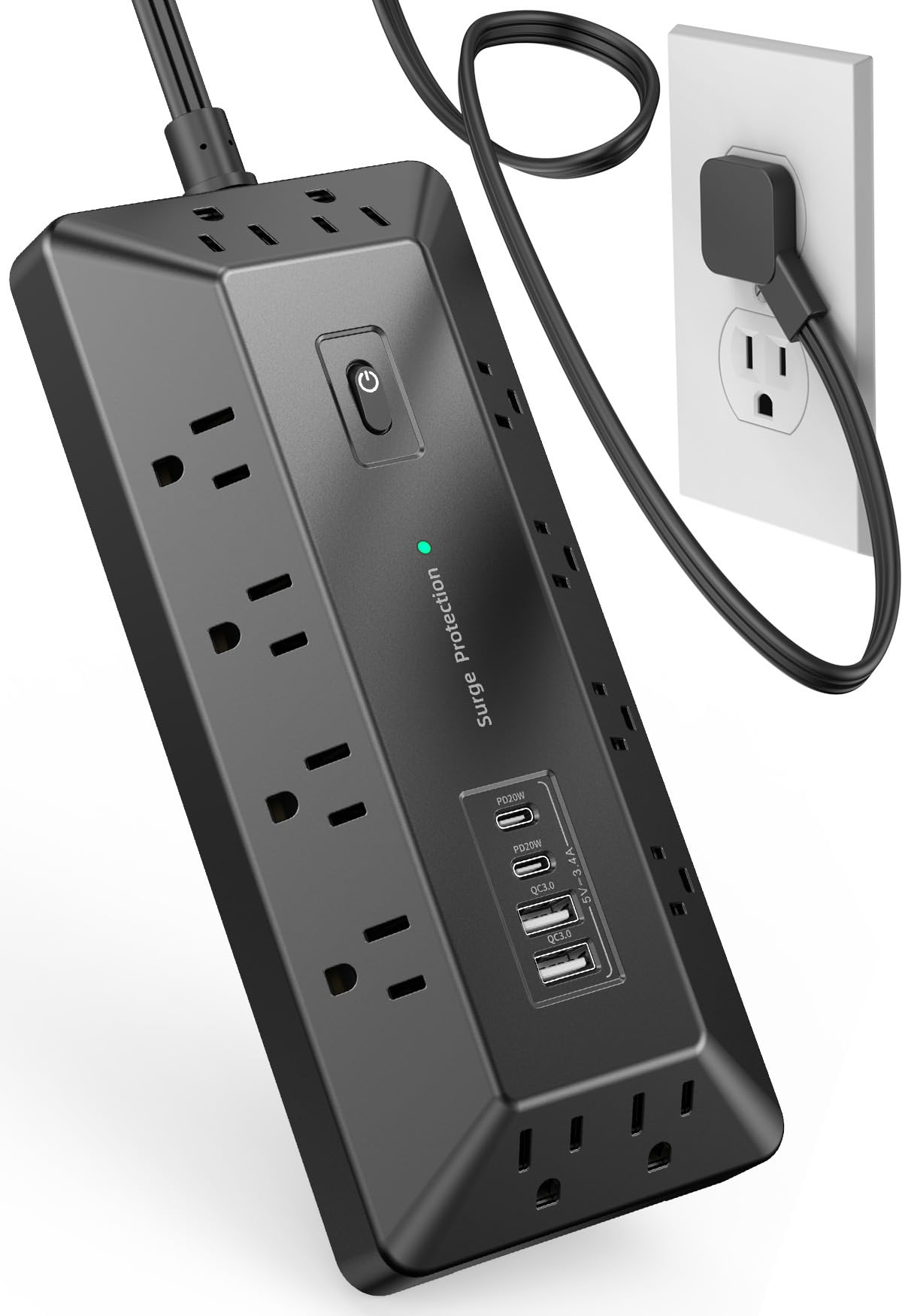 Surge Protector Power Strip with USB Ports, 12 Outlets 2 USB-C 2 USB-A, 6 Ft Flat Plug Extension Cord, Multi Plug Outlet as Charging Station for Desk