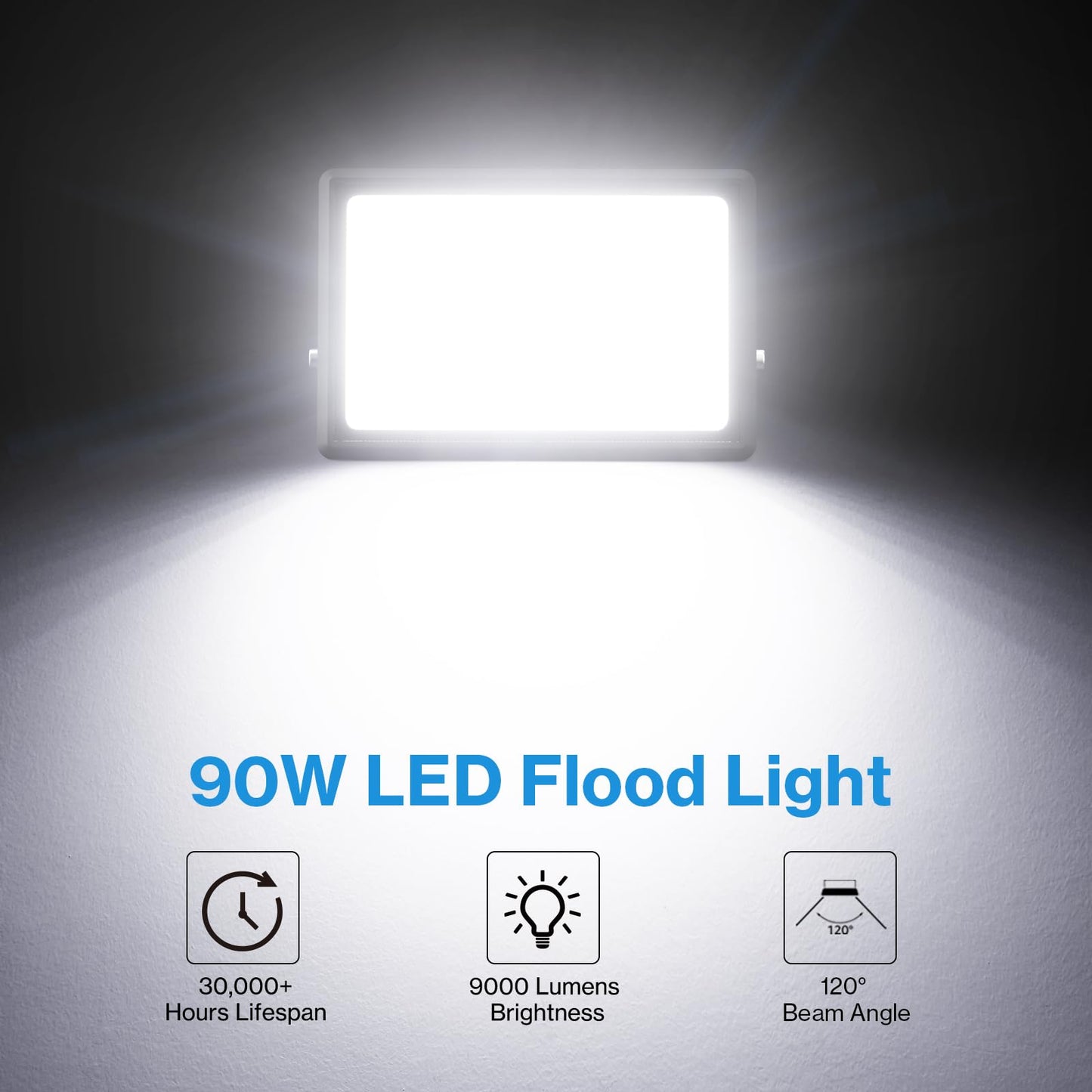 Olafus 2 Pack 90W LED Flood Light Outdoor, 9000LM Super Bright LED Work Lights Plug in, 6500K IP66 Waterproof Exterior Floodlight for Yard Lawn Garden