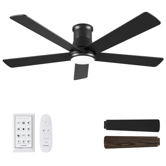 Autoday 52 Inch Low Profile Ceiling Fan with Light and Remote, Black