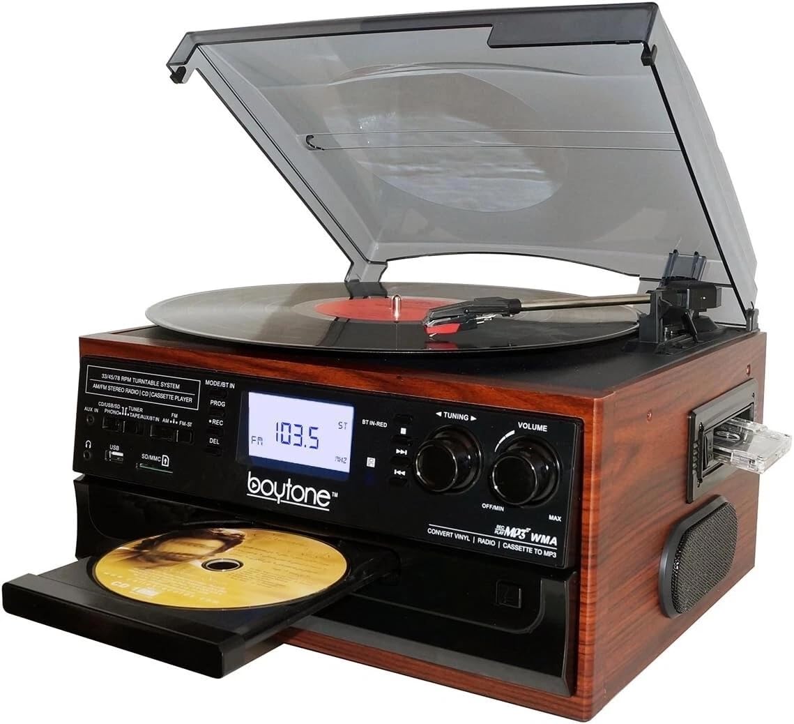 Boytone BT-22M, Bluetooth Record Player Turntable, AM/FM Radio, Cassette, CD Player, 2 Built in Speaker, Ability to Convert Vinyl, Radio, Cassette, CD