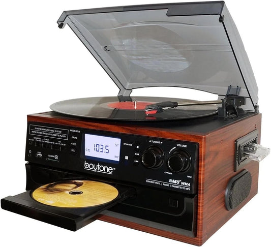 Boytone BT-22M, Bluetooth Record Player Turntable, AM/FM Radio, Cassette, CD Player, 2 Built in Speaker, Ability to Convert Vinyl, Radio, Cassette, CD