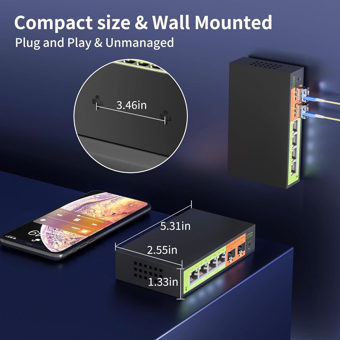 SICSOLINK 6 port 2.5G Network Switch,4x2.5 Gigabit,2x10gb SFP+,Unmanaged,Plug & Play,Wall-Mount,60G Bandwidth,Fanless Metal Ethernet Switch,Compatible