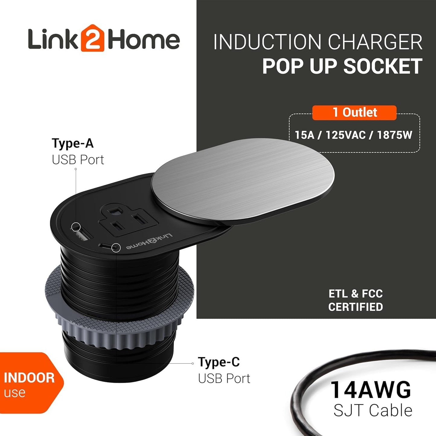 Link2Home 2 Pack Space Saver Grommet Socket 1-Power-Outlet USB A/C Port 3.1 Amp Splash Resistant in Stainless-Steel, Overload Protection
