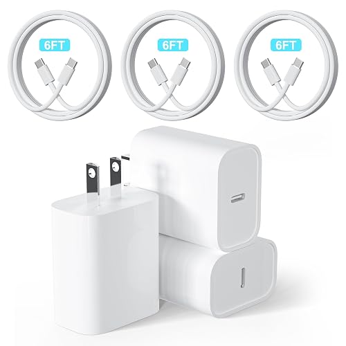 Fast Charger 3 Pack 25W PD USB C Wall Charger Adapter with 3 Pack 6FT Type C to Cable Compatible with Phone 15/15 Plus/15 Pro/15 Pro Max Pad